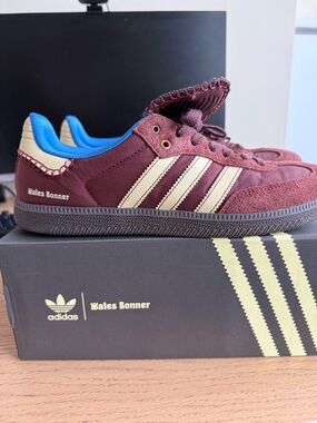 Wales Bonner x Adidas Burgundy & Cream Sneakers with Blue Collar